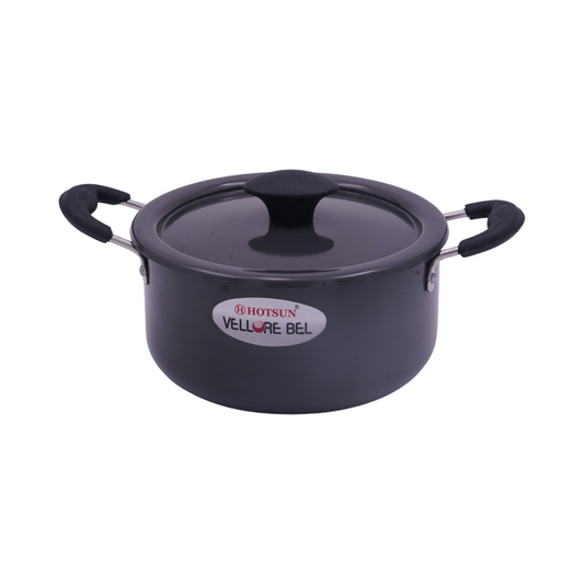 ALUMINIUM HARD-ANODISED STOCK POT WITH BLACK/ SS LID AND INDUCTION COOKTOP CONPATIBLE